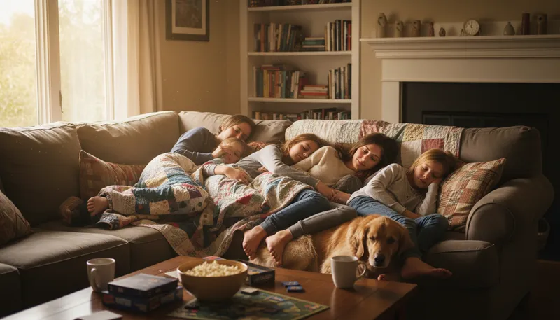 Illustration of the family that lays together stays together: families grow closer through shared experiences.