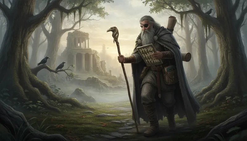 Illustration of odin: The chief god in Norse mythology, associated with wisdom.