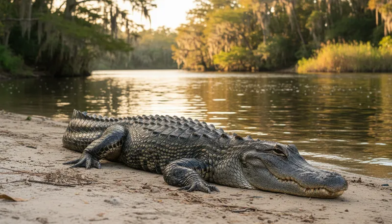 Illustration of alligator: A large reptile found in swamps and rivers.