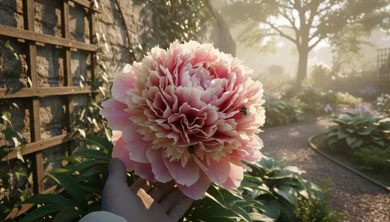 Illustration of peony: A large, fragrant flower with many petals.