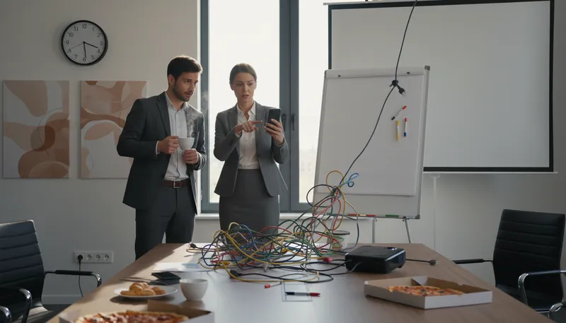 Illustration of get one's wires crossed: To misunderstand or confuse something.