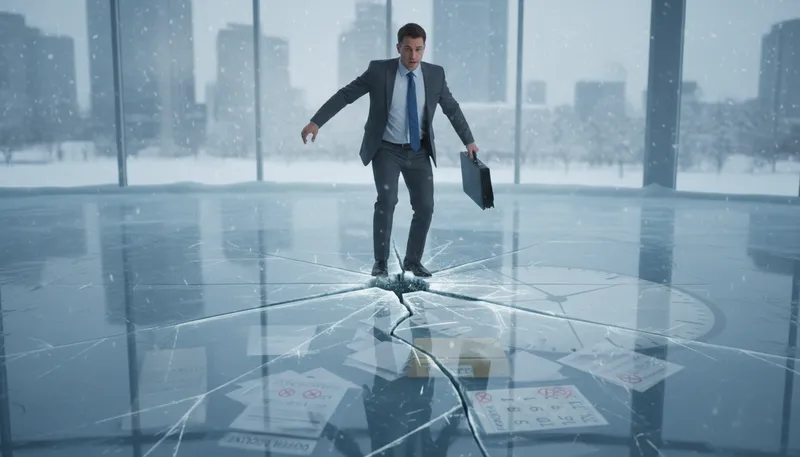 Illustration of on thin ice: In a risky or uncertain situation.