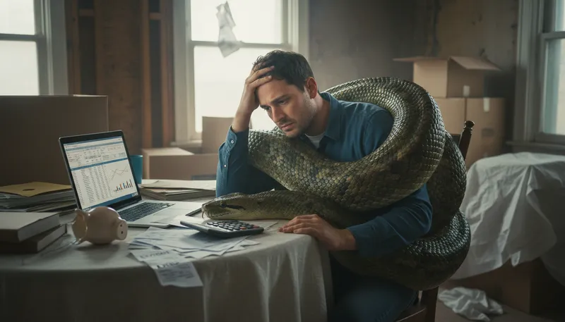 Illustration of anaconda mortgage: A mortgage that wraps tightly around finances.