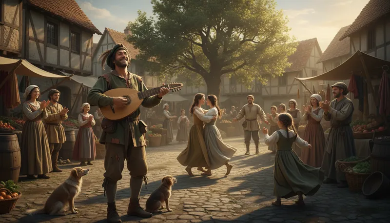 Illustration of minstrel: A medieval singer or musician performing stories.