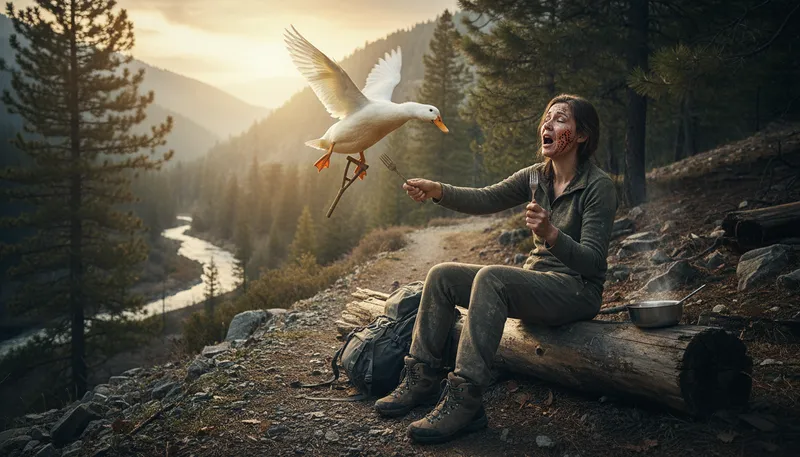 Illustration of could eat the crutch from a low flying duck: Very hungry or desperate for food.