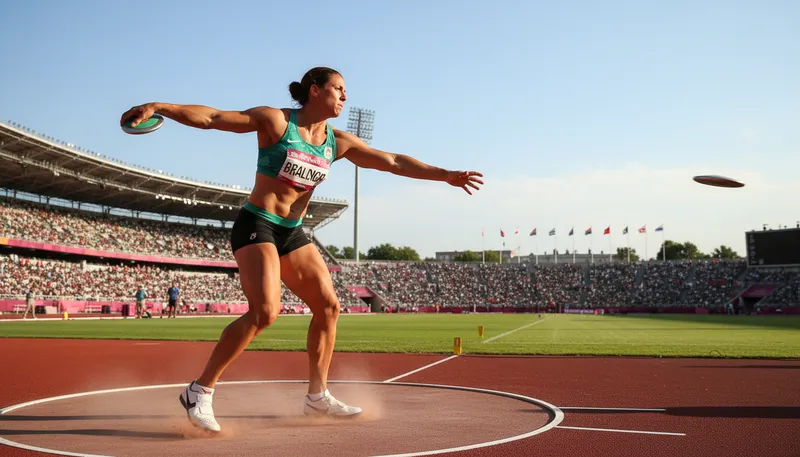 Illustration of discus: A heavy, flat object thrown in track events.