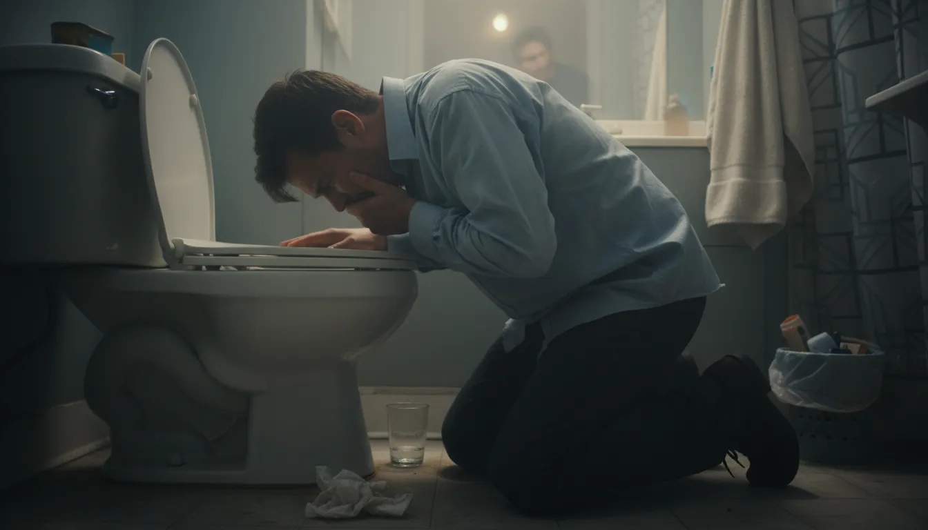 pray to the porcelain godのイラスト：to vomit into a toilet.
