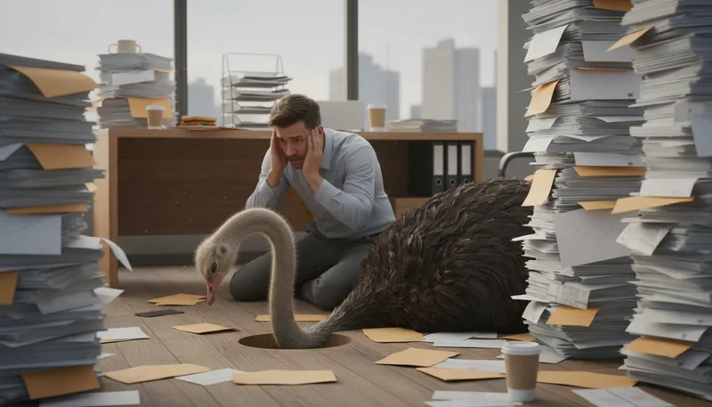 Illustration of ostrich policy: Ignoring problems instead of facing them directly.