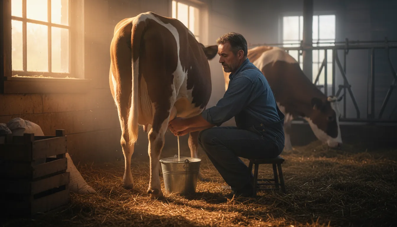 milk का चित्र: To get liquid from a cow or goat.
