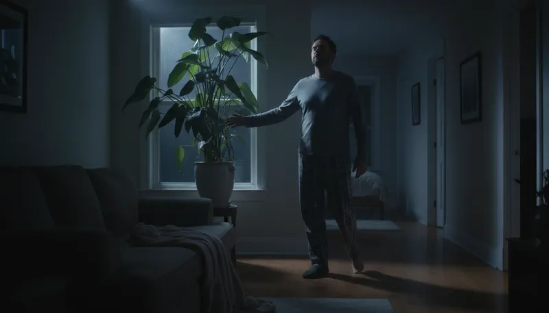 Illustration of sleepwalk: To walk while in a state of sleep.