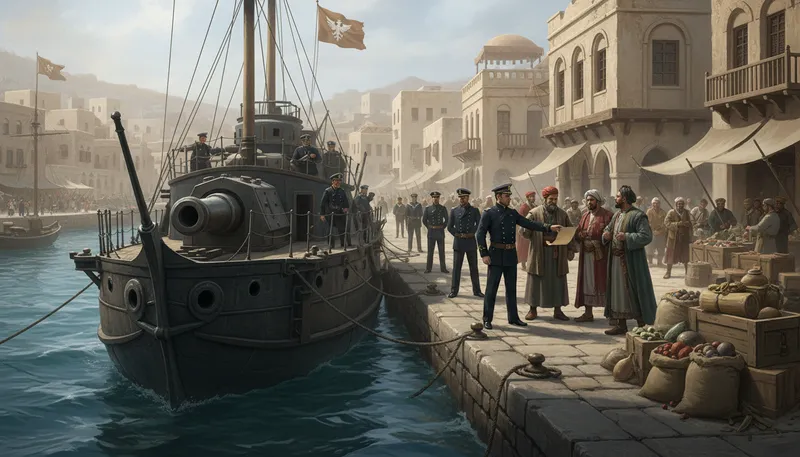 Illustration of gunboat diplomacy: using military threats for political purposes