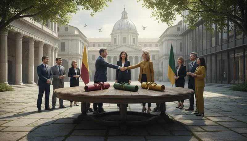 Illustration of tripartite: Involving three parties or groups.