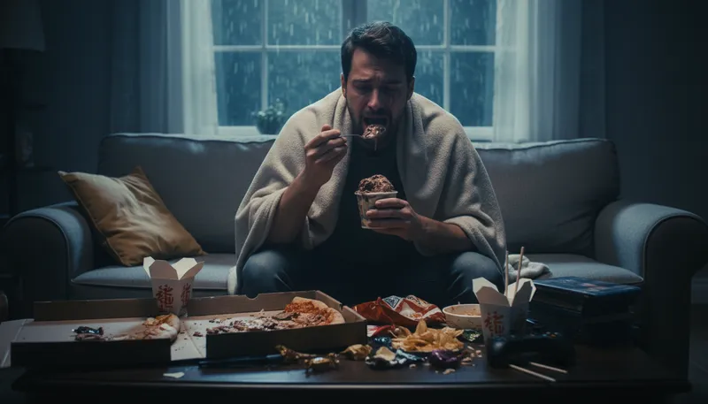 Illustration of eat one's feelings: Use food to cope with emotions.