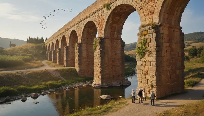 Illustration of aqueduct: A structure for transporting water over long distances.