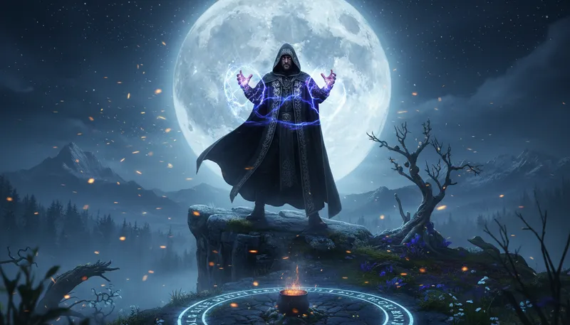Illustration of warlock: A male practitioner of magic.