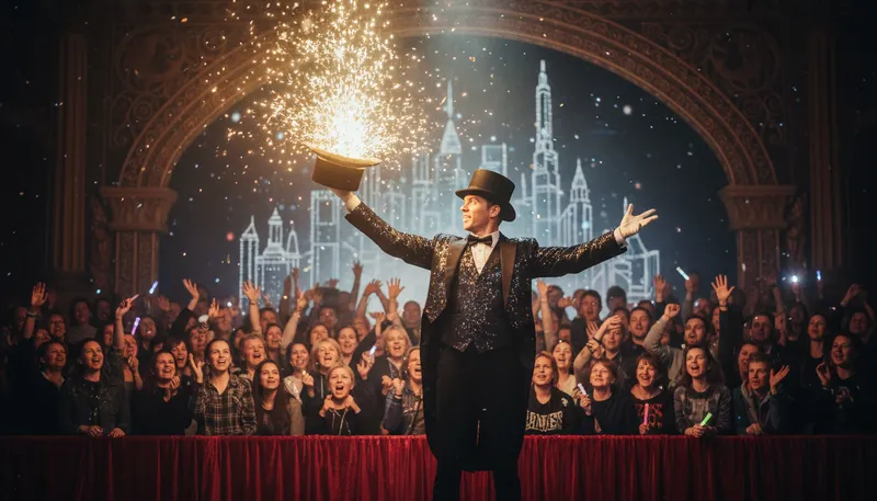 Illustration of showmanship: Skill in presenting a performance attractively.