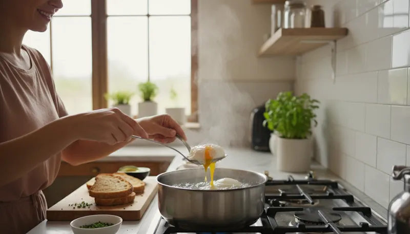 Illustration of poach: To cook food gently in water or broth.