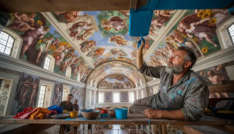 Illustration of sistine: Relating to the Sistine Chapel's famous ceiling.