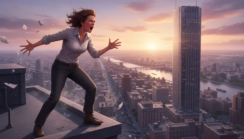 Illustration of go jump off a building: to suggest extreme frustration or anger