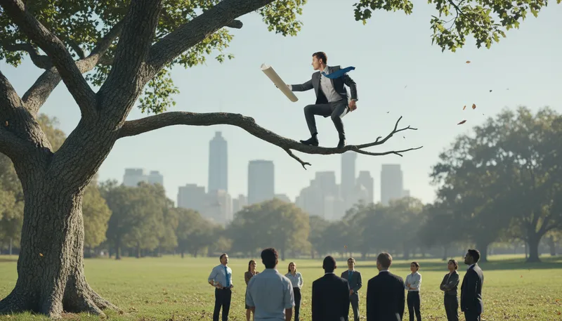 Illustration of out on a limb: In a risky or precarious situation.