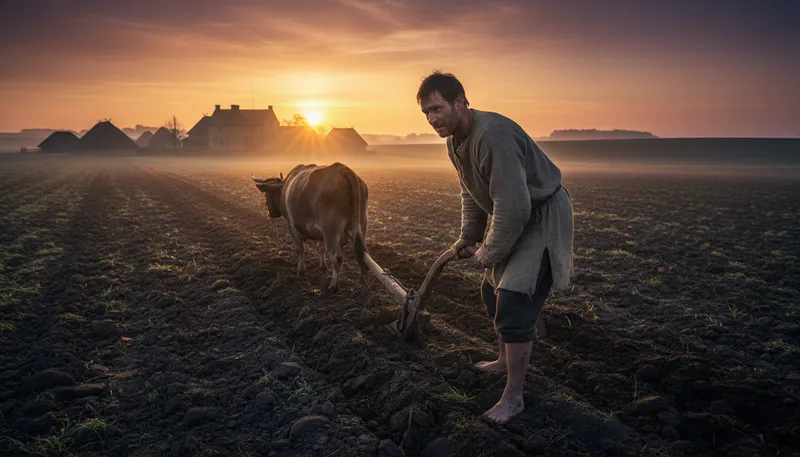 Illustration of serf: A laborer bound to work for a lord.