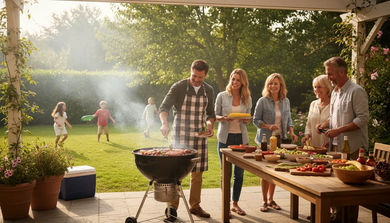 barbeque 일러스트: A meal cooked outdoors using an open flame.