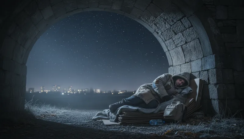 Illustration of sleep rough: to sleep outside without shelter or comfort.