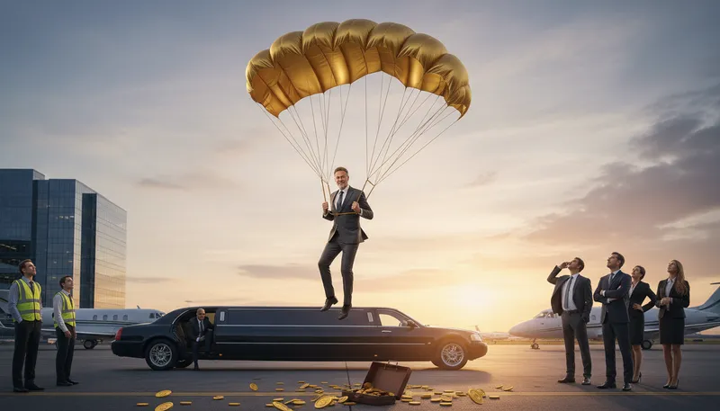 Illustration of golden parachute: Lucrative exit package for executives.