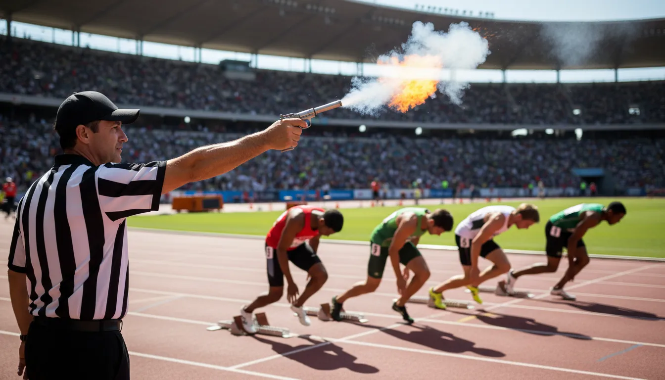 fire the starting gun का चित्र: to begin a race or competition.