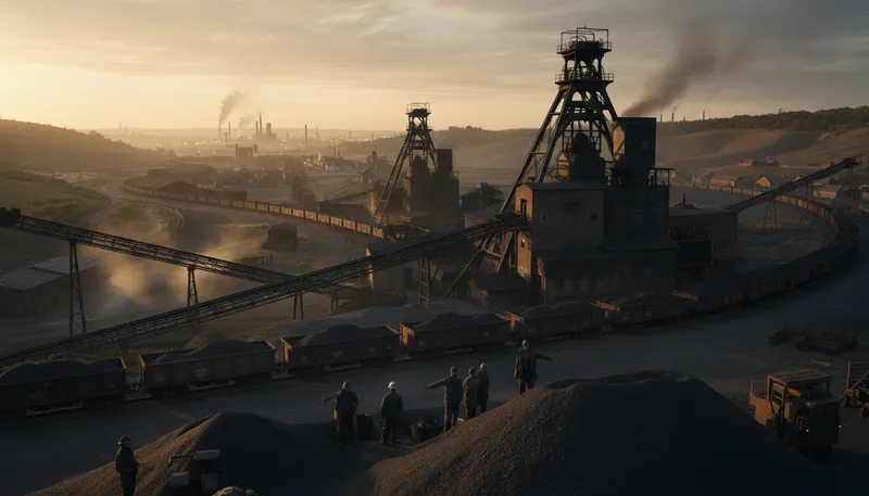 Illustration of colliery: A coal mine and its buildings.
