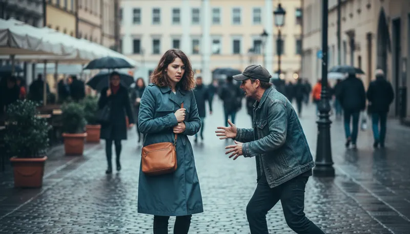 Illustration of accost: To approach someone boldly or aggressively.