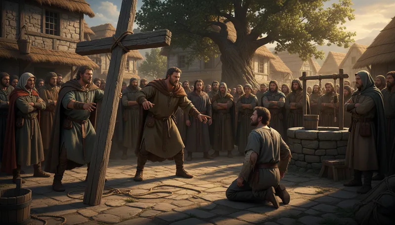 Illustration of crucify: To kill someone by nailing to a cross.
