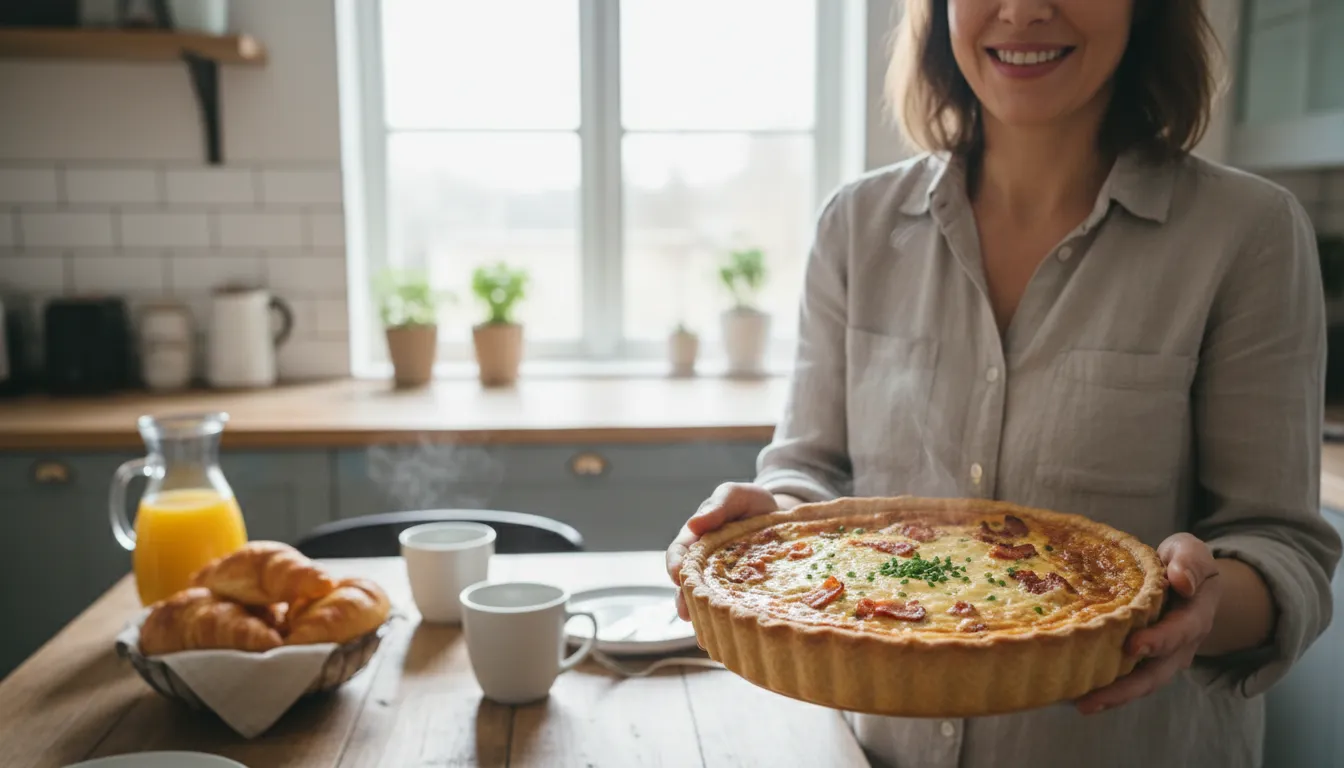Illustration of quiche Lorraine: A French savory tart made with bacon and cheese.
