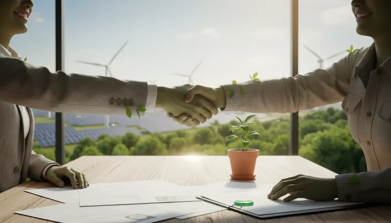 Illustration of green handshake: An agreement emphasizing environmental responsibility.