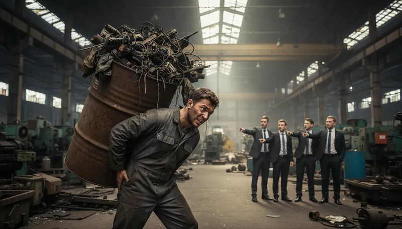 Illustration of carry the can: Take the blame for others' mistakes.